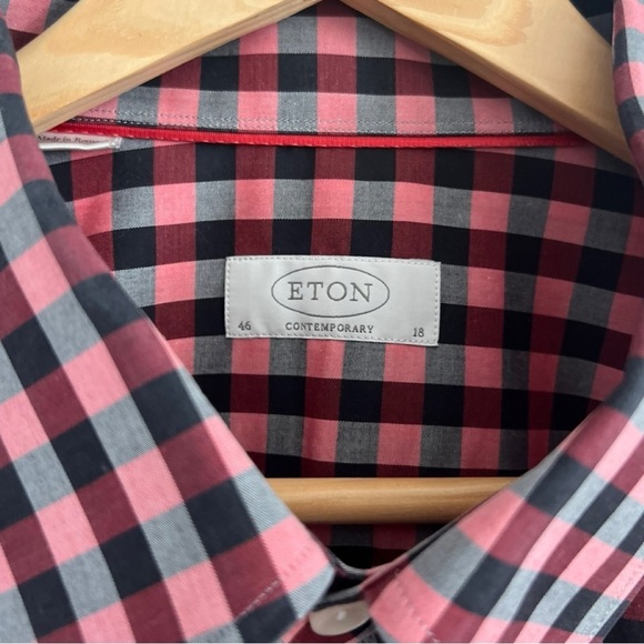 ETON Men’s CONTEMPORARY Fit Black & Raspberry Plaid Dress Shirt Size 46 18 - Picture 4 of 4
